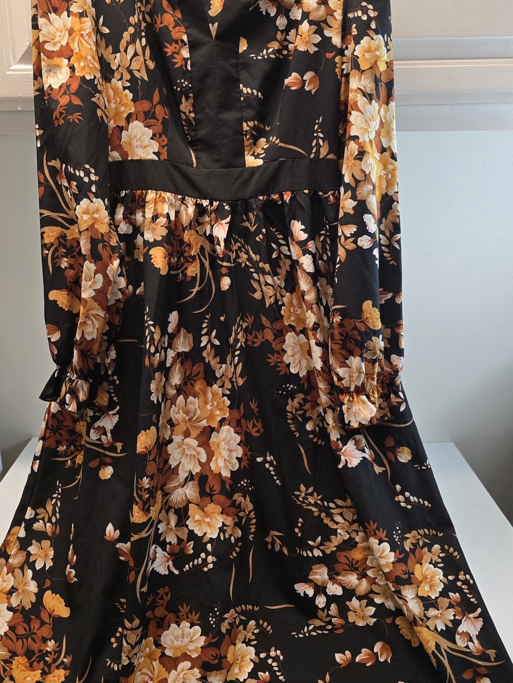 Source Unknown Black Floral Long-Sleeve Midi Dress with Mustard Accents